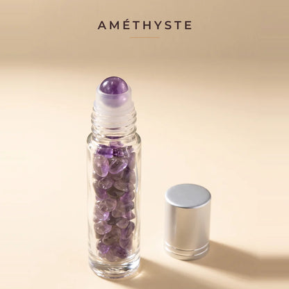 Roll-on Amethyste — flacon de verre garni d'eclats d'amethyste, bille en amethyste