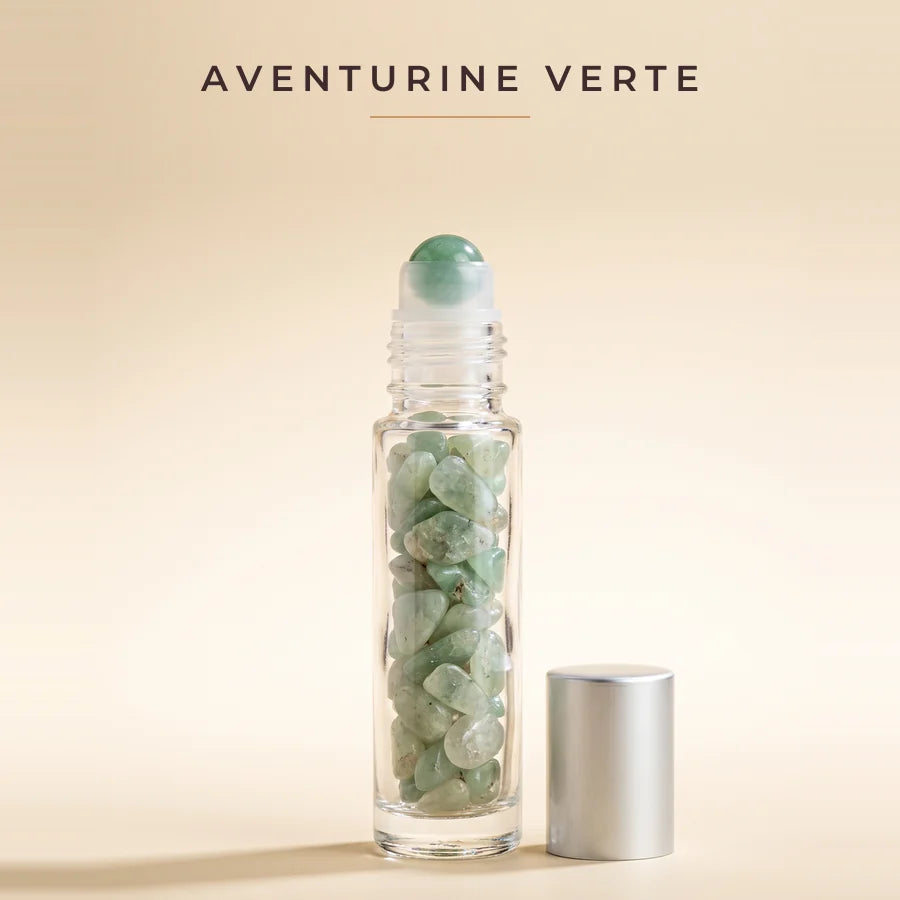 Roll-on Aventurine verte — flacon de verre garni d'eclats d'aventurine, bille en aventurine